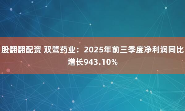 股翻翻配资 双鹭药业：2025年前三季度净利润同比增长943.10%